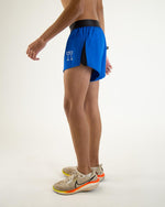 Man wearing sky blue running shorts with black waistband and inner liner