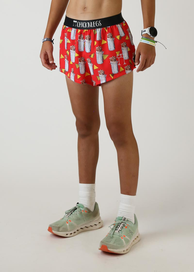 Chicknlegs men's red running shorts with colorful burrito print and black waistband