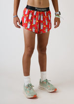 Red running shorts with burrito and taco pattern on female model