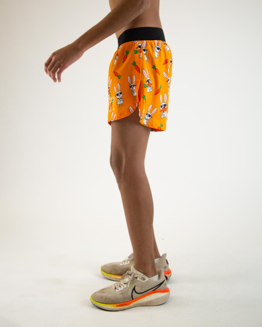 ChicknLegs 4-inch half split running shorts in orange Bad Bunny print pattern