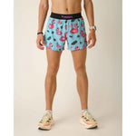 ChicknLegs men's light blue running shorts with pink flamingo and tropical leaf pattern