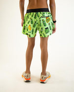 ChicknLegs men's running shorts in bright green with cartoon pickle pattern, rear view