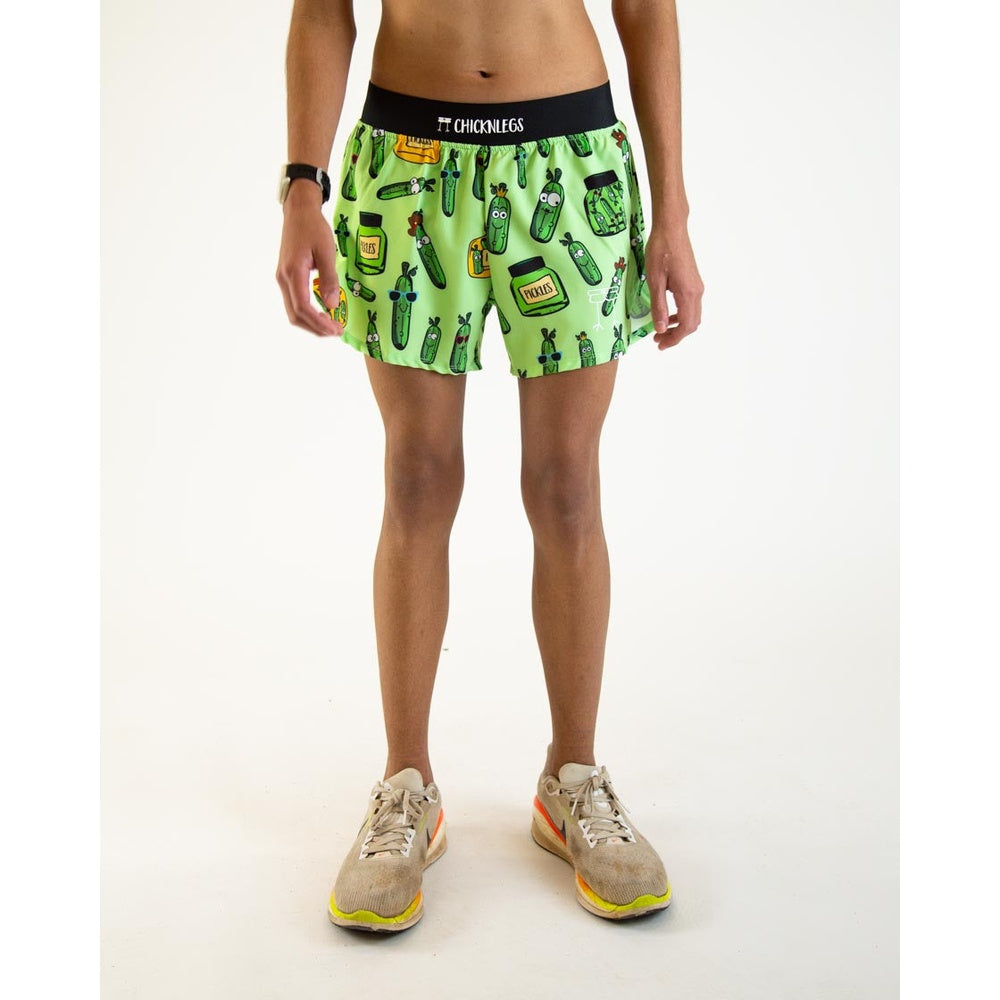 ChicknLegs men's bright green running shorts with cartoon pickle print and black waistband