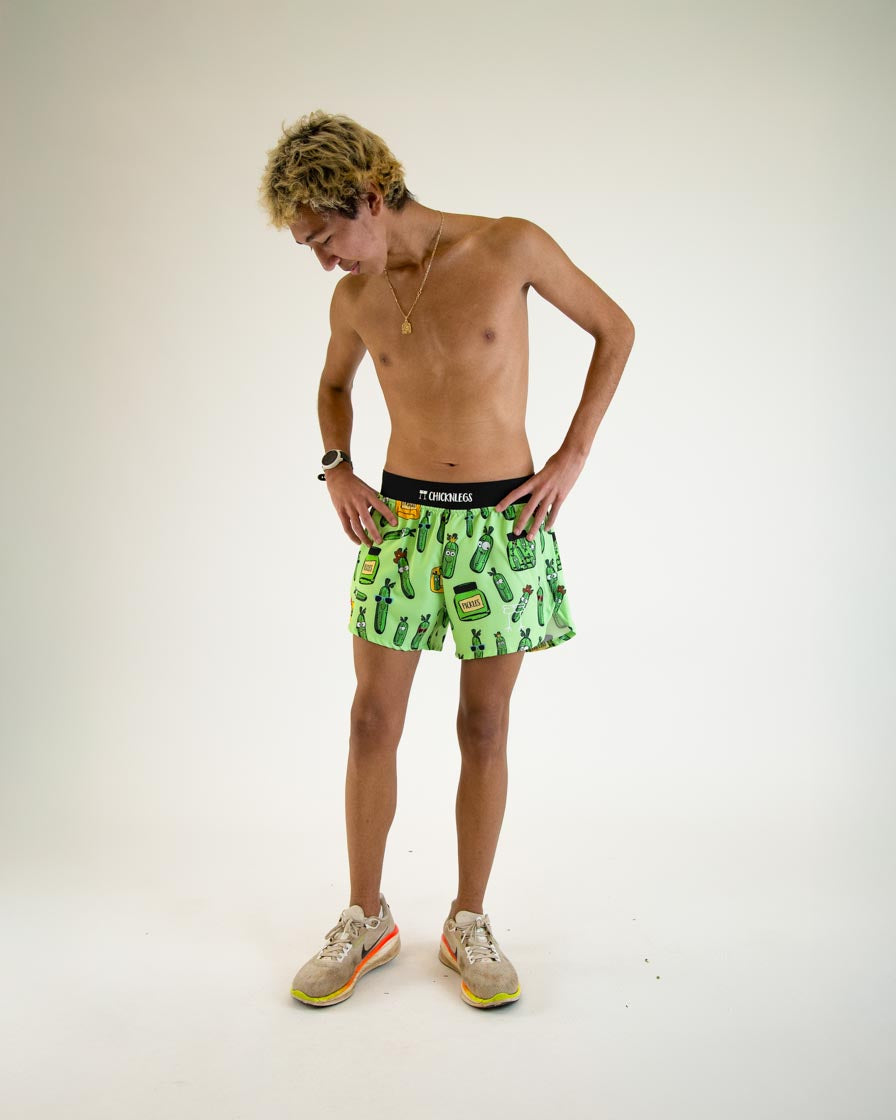 ChicknLegs men's green pickle print shorts with black waistband