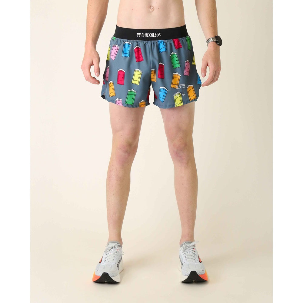 ChicknLegs men's gray running shorts with colorful porta potty print pattern