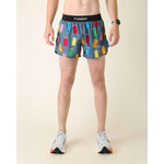ChicknLegs men's running shorts with colorful milk carton print pattern on gray background