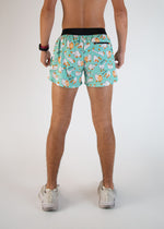Men wearing mint green running shorts with silly goose cartoon pattern, back view