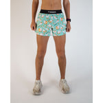 ChicknLegs men's turquoise running shorts with silly goose pattern on model