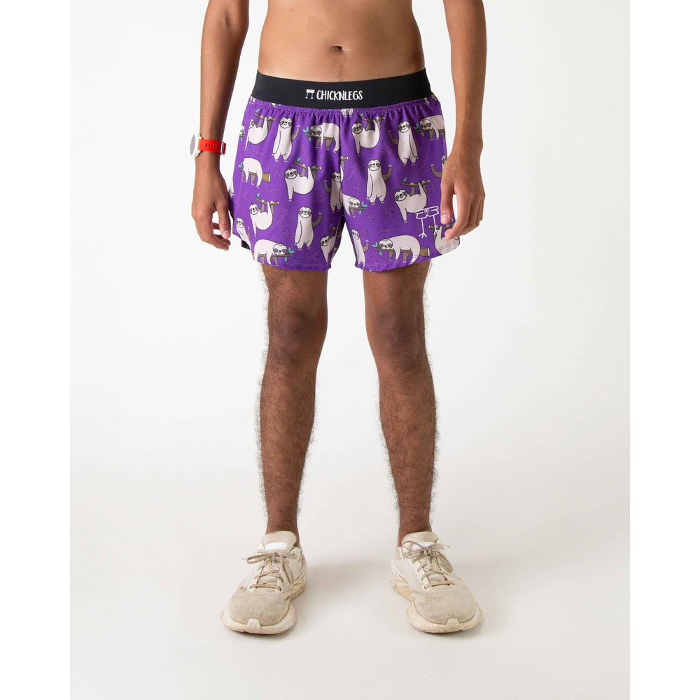ChicknLegs men's purple running shorts with cute sloth pattern and black waistband