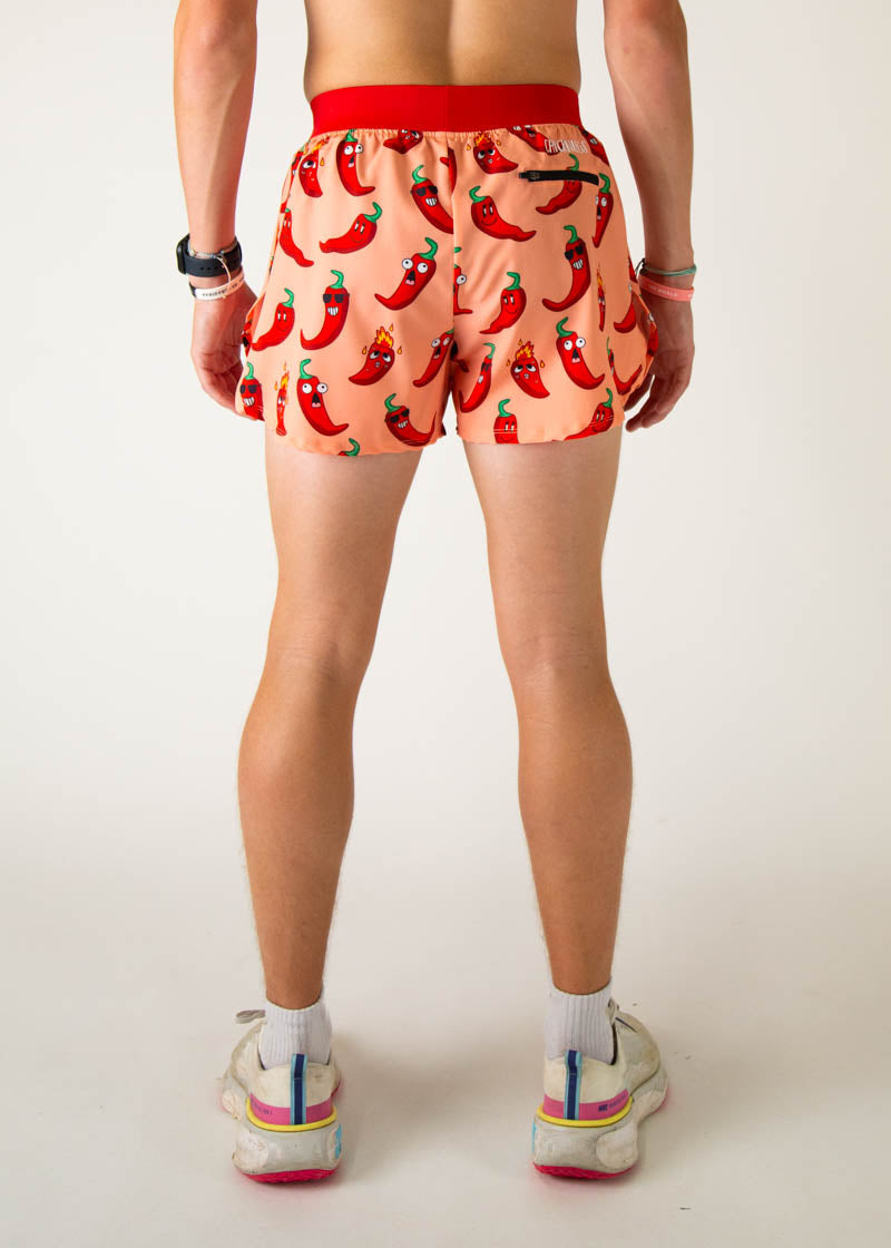 ChicknLegs men's running shorts with chili pepper print in orange and red