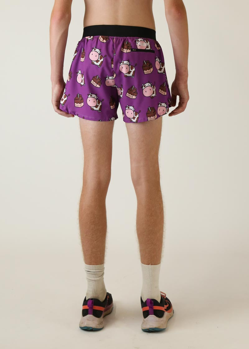 Purple men's shorts with cute cow and chocolate bar pattern, rear view