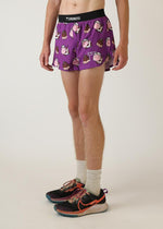 ChicknLegs men's purple running shorts with cute cow print pattern and black waistband