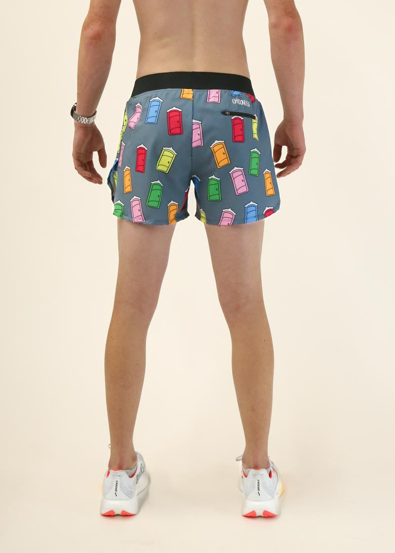 ChicknLegs men's running shorts with colorful milk carton print on gray background