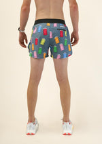 ChicknLegs men's running shorts with colorful milk carton pattern on gray background