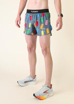 ChicknLegs men's running shorts with colorful porta potty print on gray background