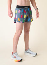 ChicknLegs men's running shorts with colorful porta potty pattern on gray background