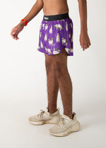 Man wearing purple ChicknLegs running shorts with sloth pattern and 4-inch inseam