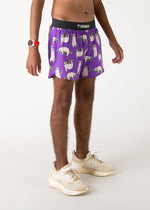 Purple athletic shorts with cute sloth pattern worn by male model