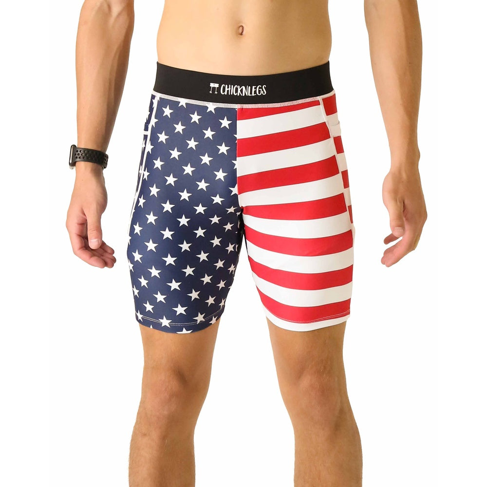 ChicknLegs men's compression shorts featuring American flag pattern with stars and stripes
