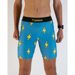 ChicknLegs men's blue athletic shorts with yellow lightning bolt pattern