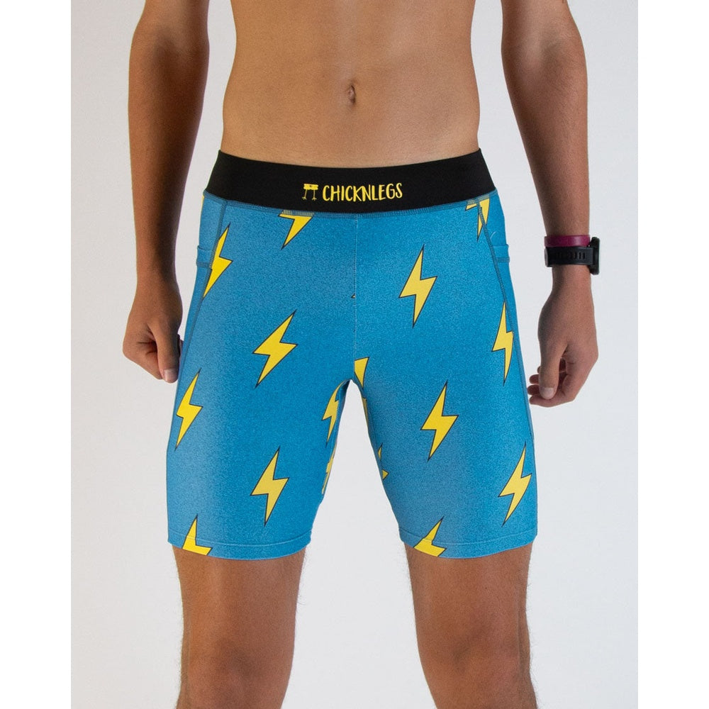 ChicknLegs men's blue athletic shorts with yellow lightning bolt pattern