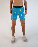 ChicknLegs men's blue athletic shorts with yellow lightning bolt pattern