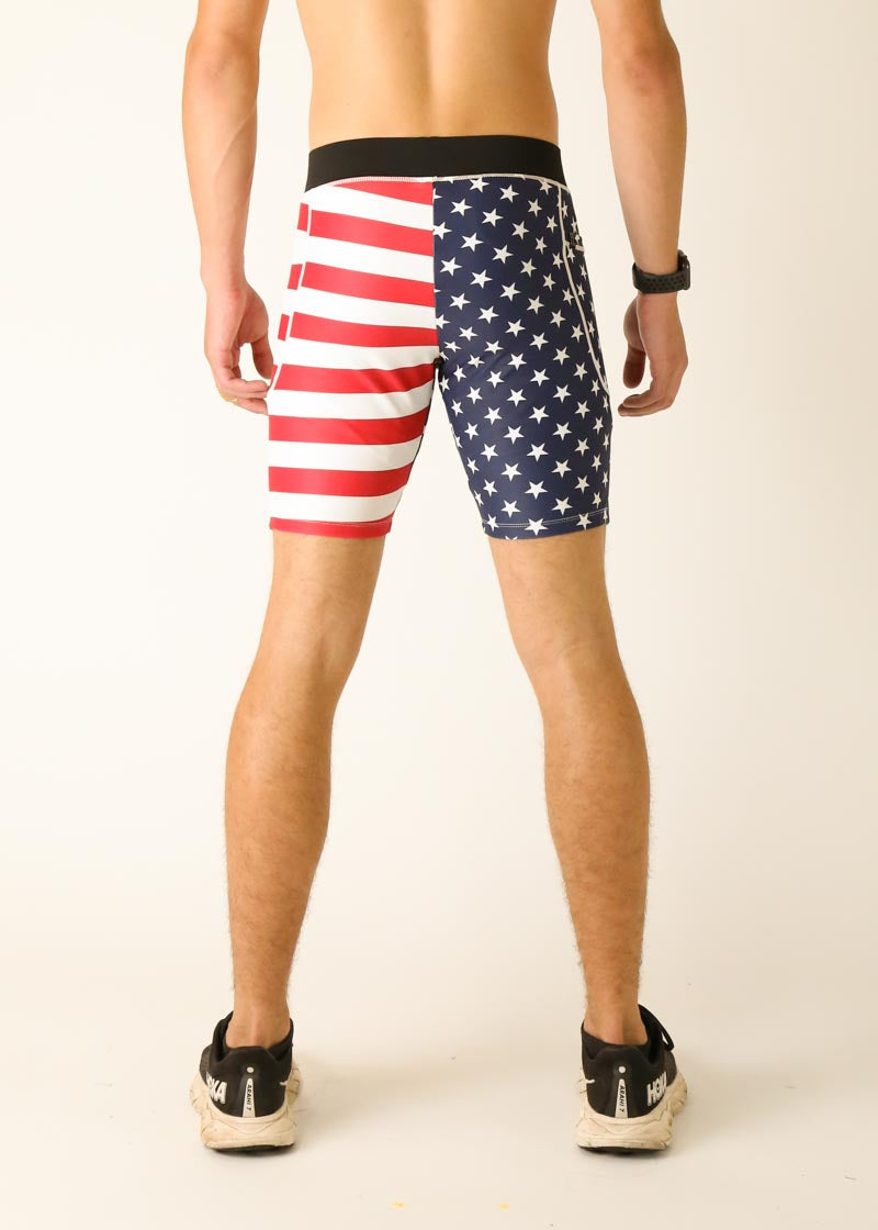 Men wearing ChicknLegs USA flag pattern compression shorts with patriotic design