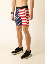 ChicknLegs men's compression shorts featuring American flag stars and stripes pattern
