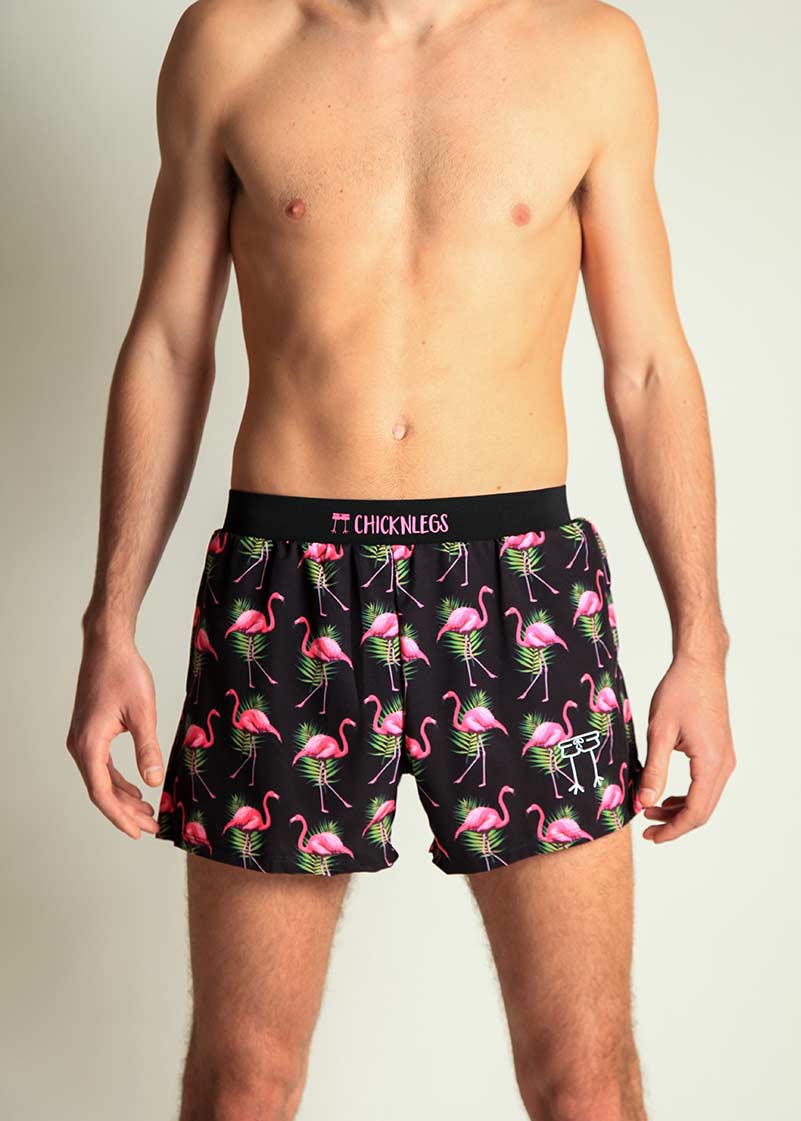ChicknLegs men's black boxer shorts with pink flamingo and tropical leaf pattern