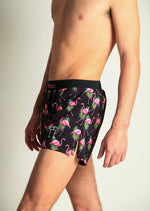 ChicknLegs men's black shorts with pink flamingo and tropical leaf print pattern