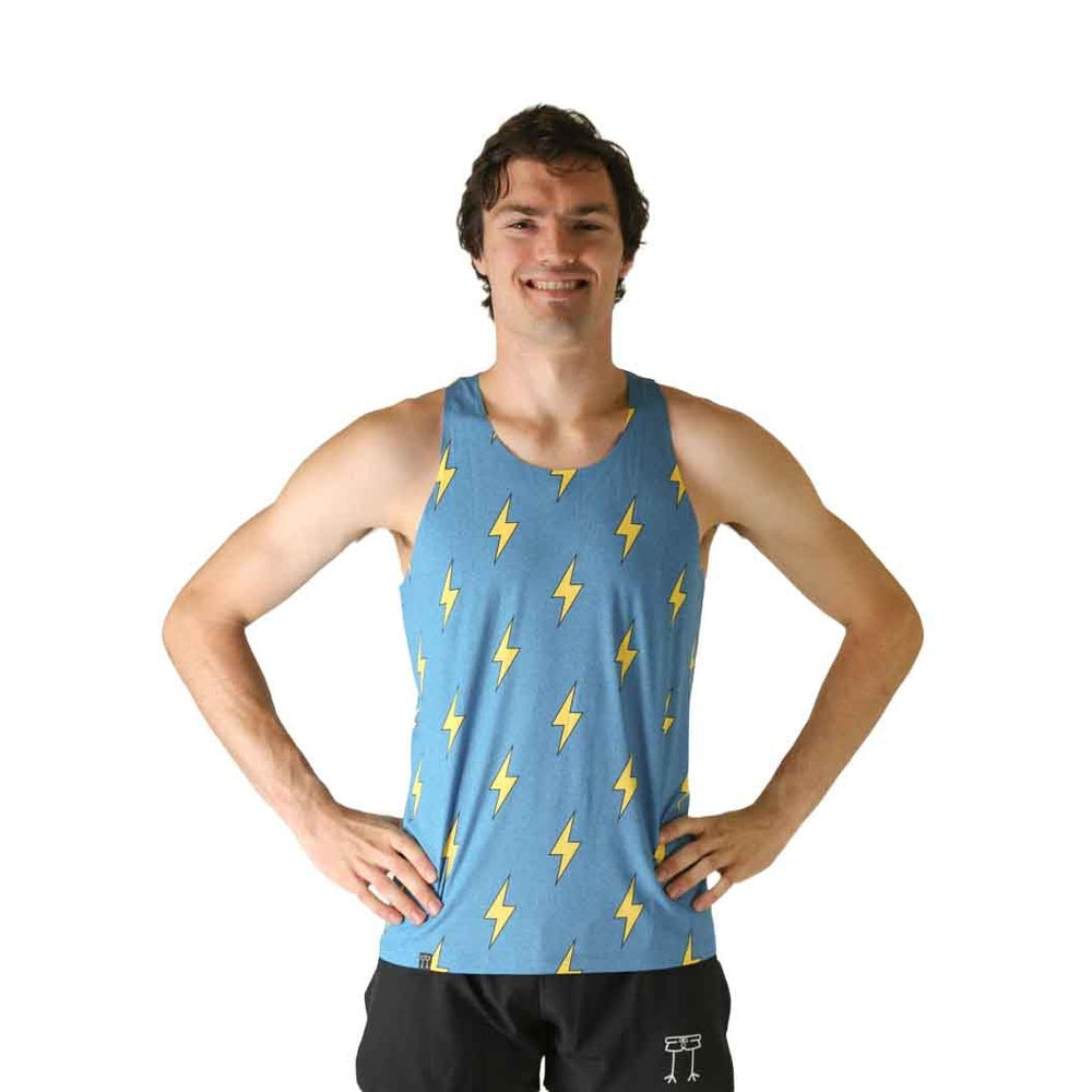 Man wearing blue performance singlet with yellow lightning bolt pattern