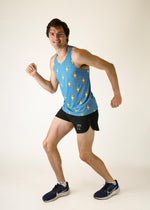 Man wearing blue athletic singlet with yellow lightning bolt pattern