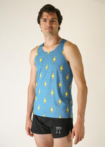 Man wearing blue athletic singlet with yellow lightning bolt pattern and black shorts