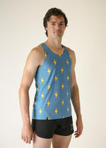 Man wearing blue athletic singlet with yellow lightning bolt pattern