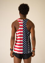 ChicknLegs men's performance singlet with USA flag pattern, back view on model
