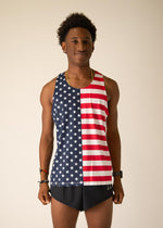 Man wearing ChicknLegs USA flag performance running singlet with navy stars and red stripes