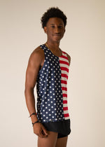 Man wearing ChicknLegs USA flag performance singlet with stars and stripes pattern