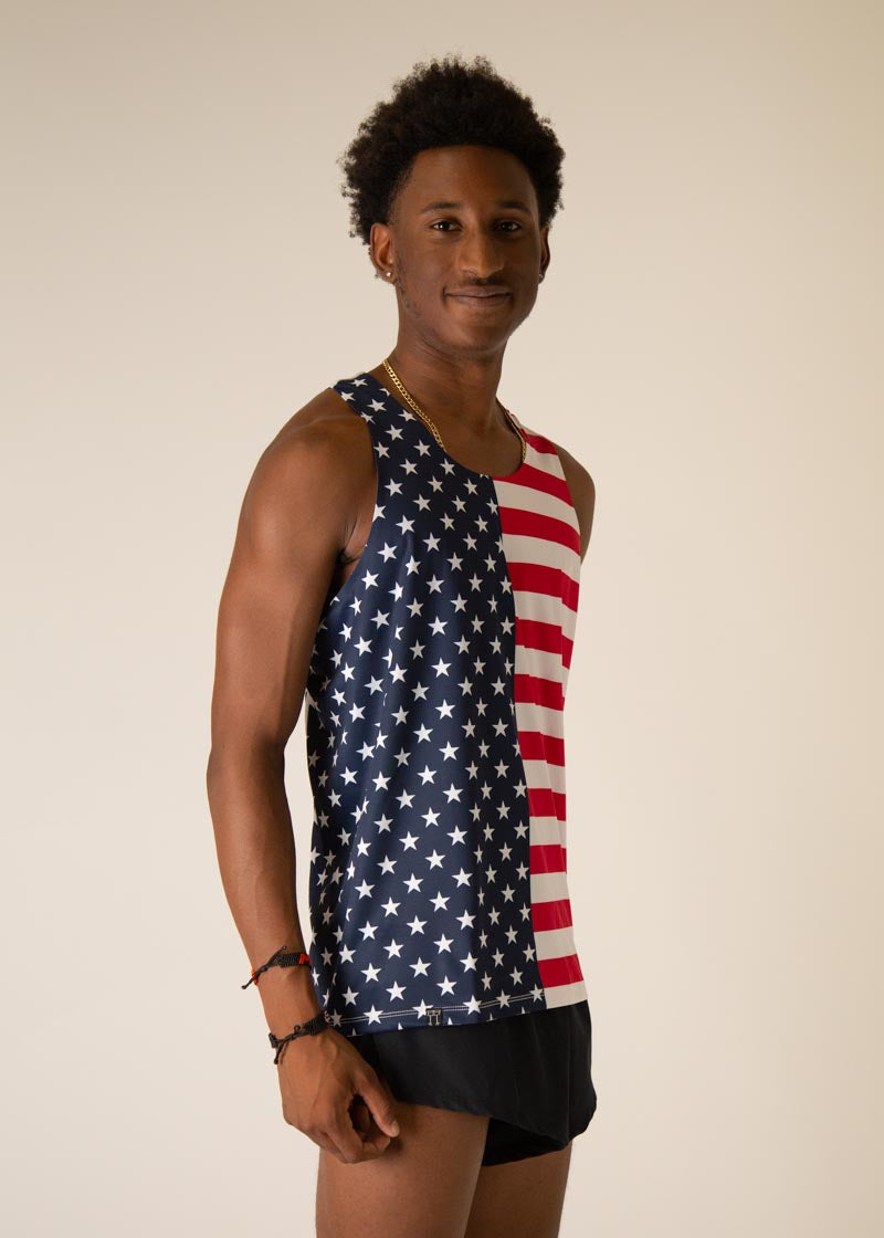 Man wearing ChicknLegs USA flag performance singlet with stars and stripes pattern