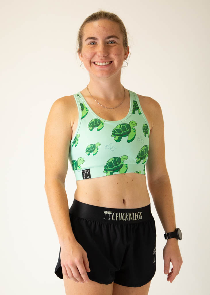 ChicknLegs OG Sports Bra in mint green with sea turtle print pattern