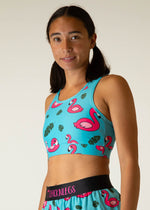 ChicknLegs OG Sports Bra in turquoise blue with pink flamingo and tropical leaf print