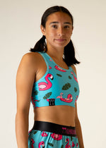 ChicknLegs OG Sports Bra in turquoise blue with pink flamingo tropical print