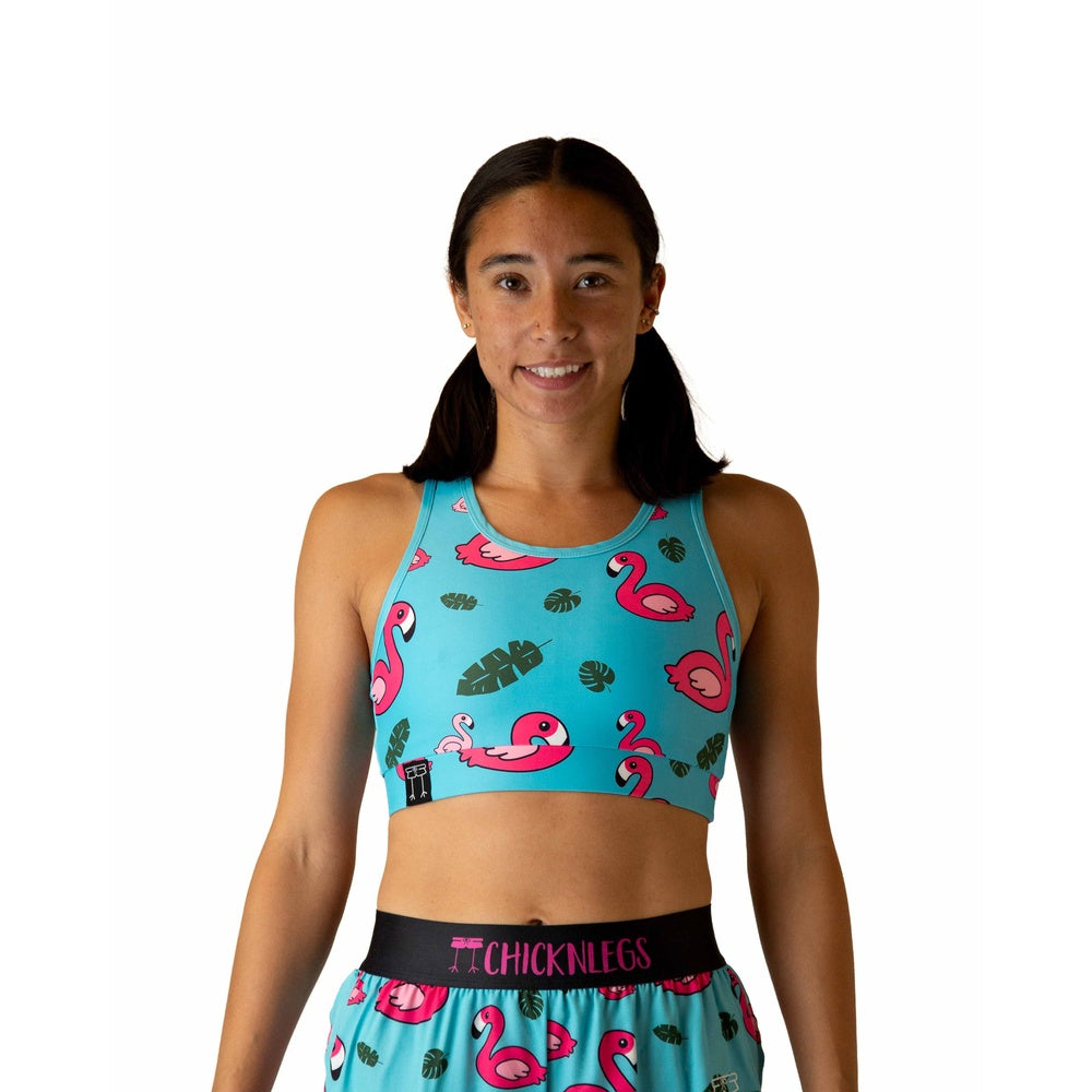 ChicknLegs OG Sports Bra in turquoise blue with pink flamingo tropical pattern