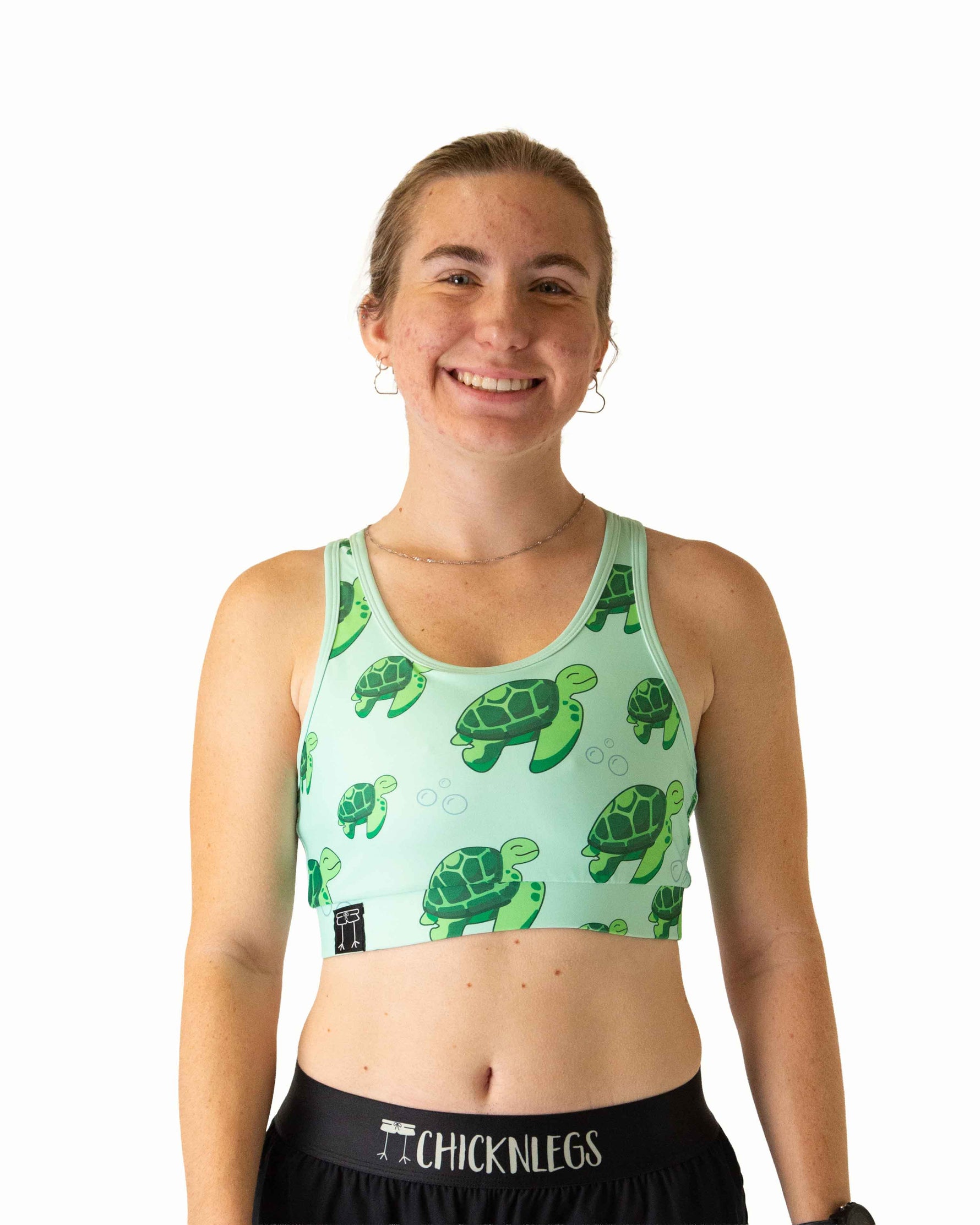 ChicknLegs OG Sports Bra in mint green with cute sea turtle print pattern