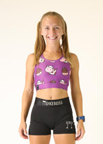 Purple sports bra with cute cartoon cows and chocolate milk pattern