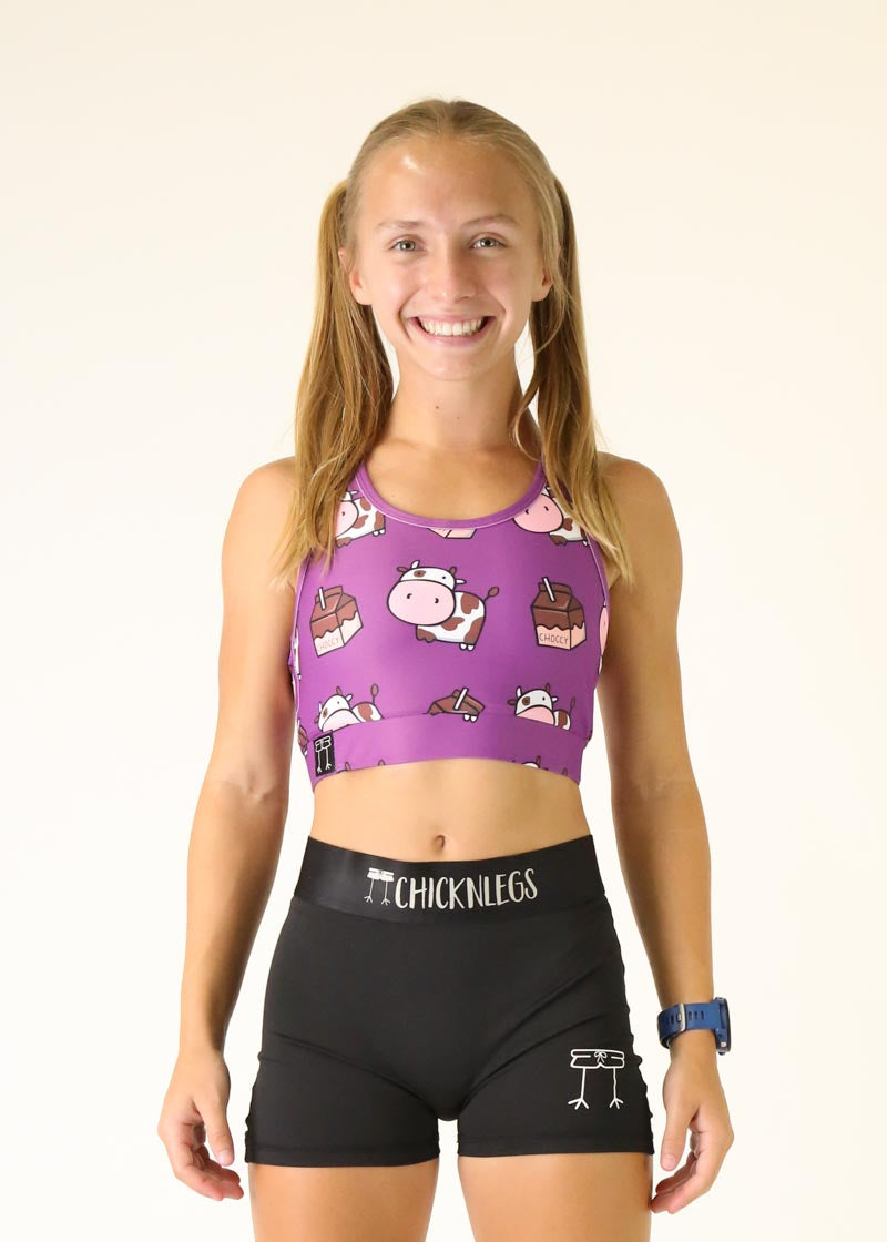 Purple sports bra with cute cartoon cows and chocolate milk pattern