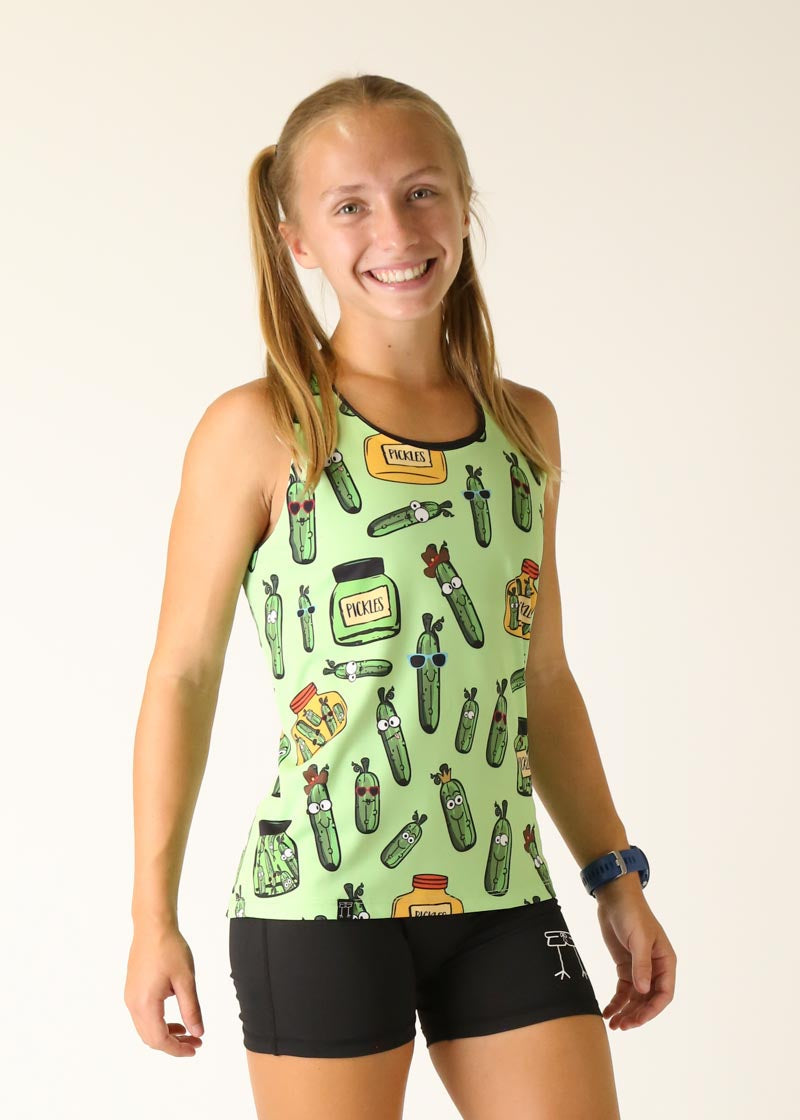 Woman wearing light green ChicknLegs performance singlet with pickle pattern design