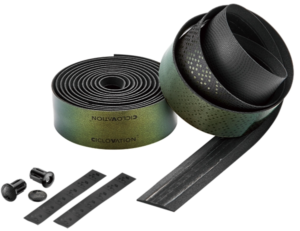 Ciclovation handlebar tape in metallic chameleon green with installation accessories