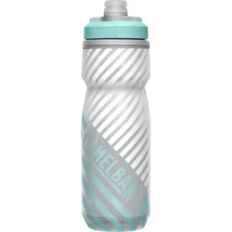 CamelBak Podium Chill water bottle in teal and gray diagonal stripe design