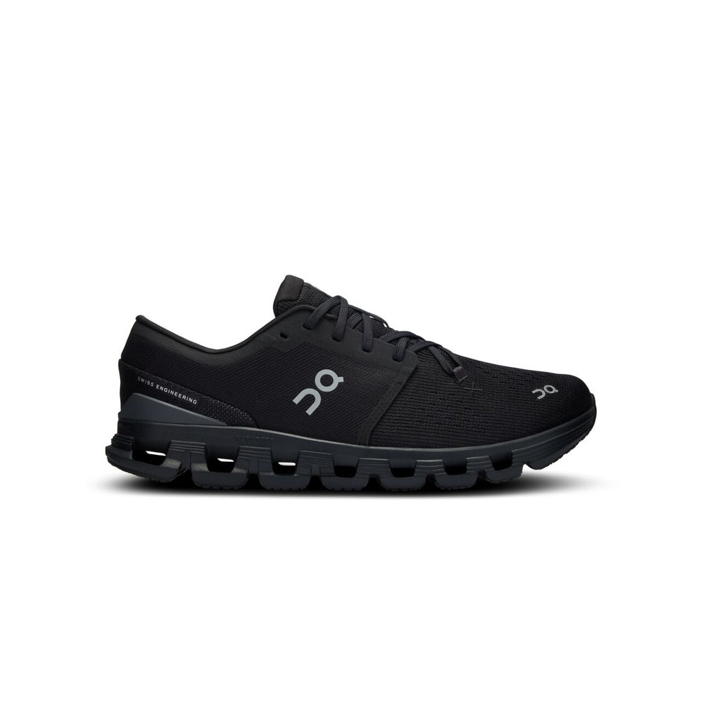 On Cloud X 4 men's running shoes in black with distinctive sole pattern