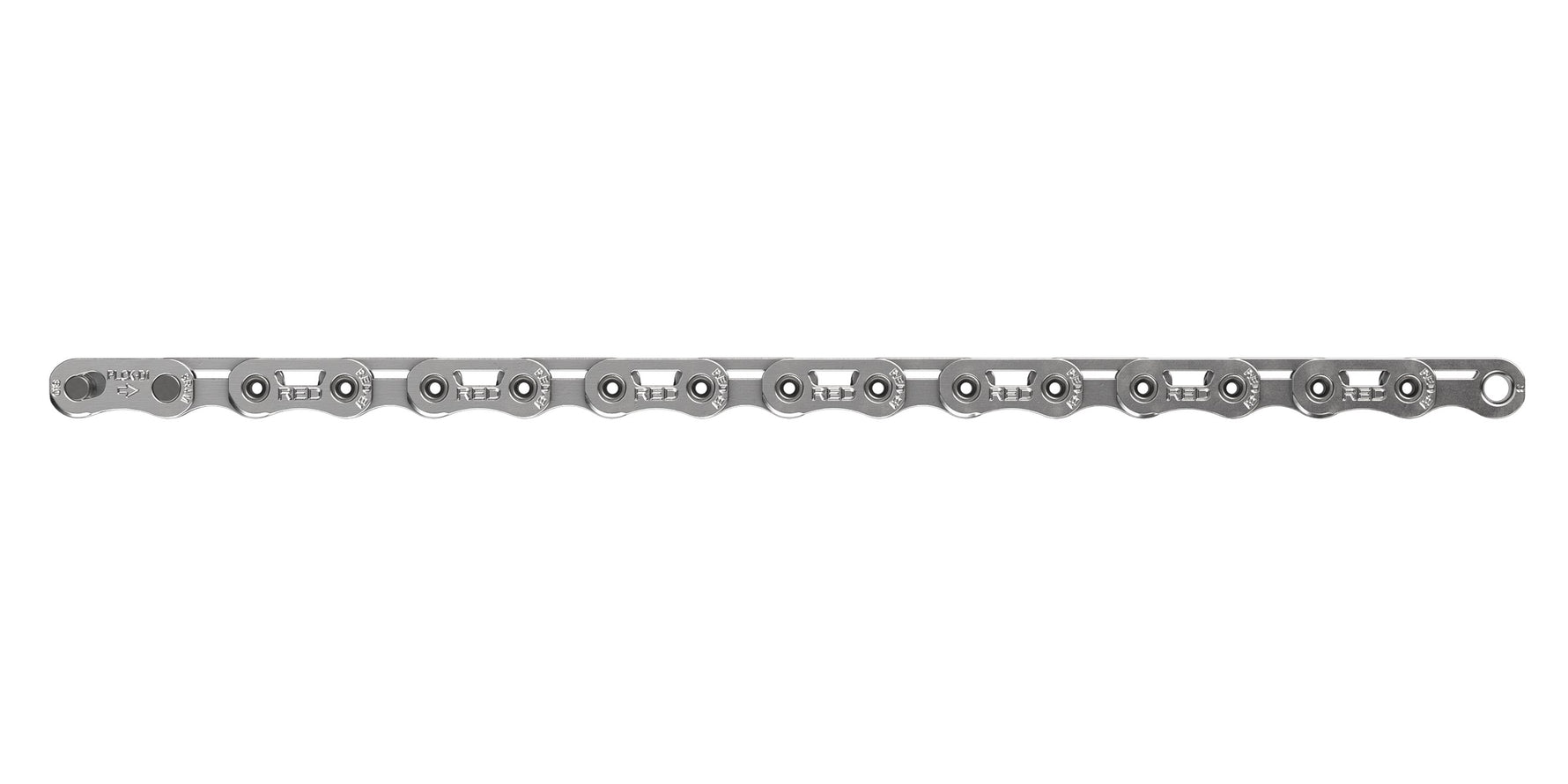 SRAM Red E1 Flattop bicycle chain with PowerLock connector on white background